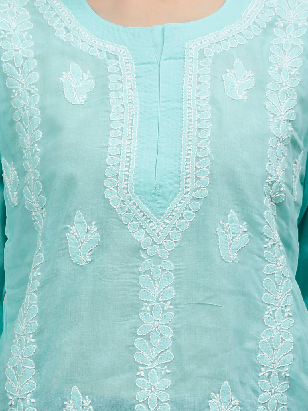 Sea Green Terivoil Cotton Lucknowi Chikankari Short Tunic