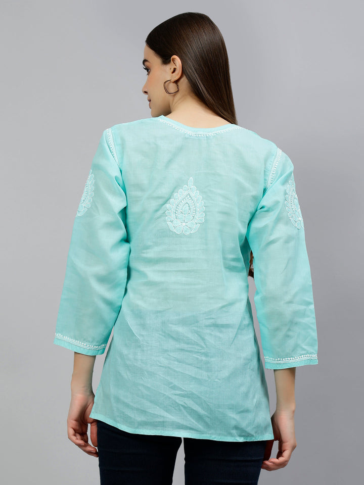 Sea Green Terivoil Cotton Lucknowi Chikankari Short Tunic