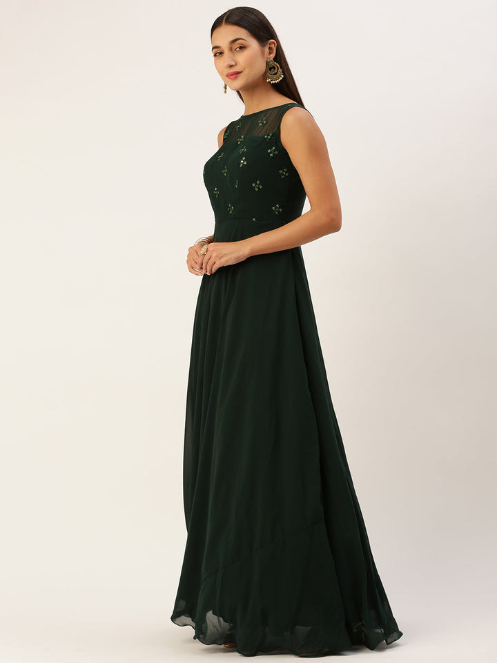 Seaweed Green Georgette Boat Neck Straight Gown