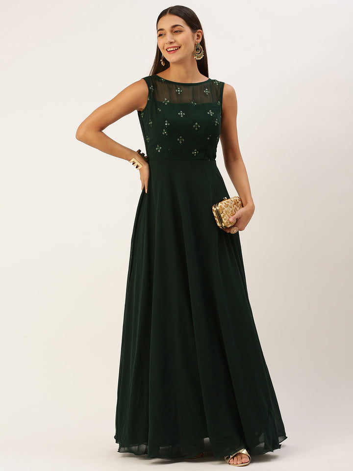 Seaweed Green Georgette Boat Neck Straight Gown