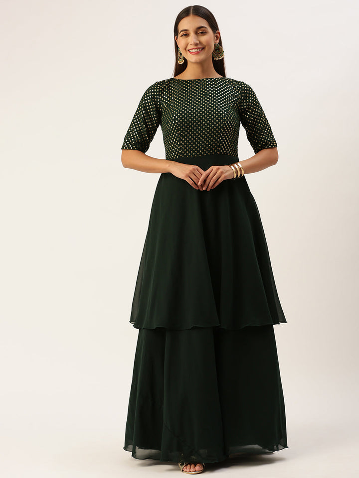Seaweed Green Georgette Sequin & Solid Layered Gown