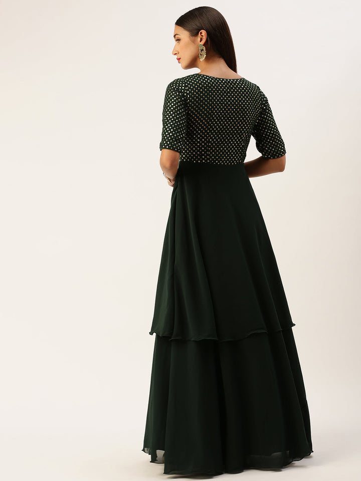 Seaweed Green Georgette Sequin & Solid Layered Gown