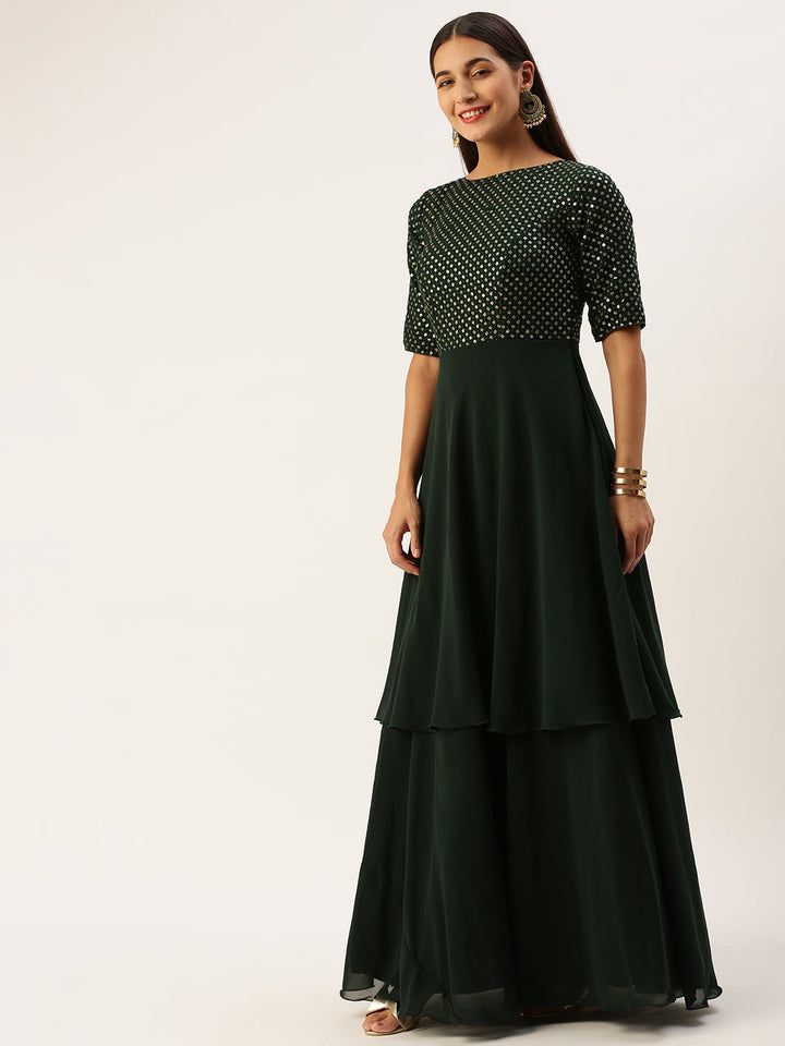 Seaweed Green Georgette Sequin & Solid Layered Gown