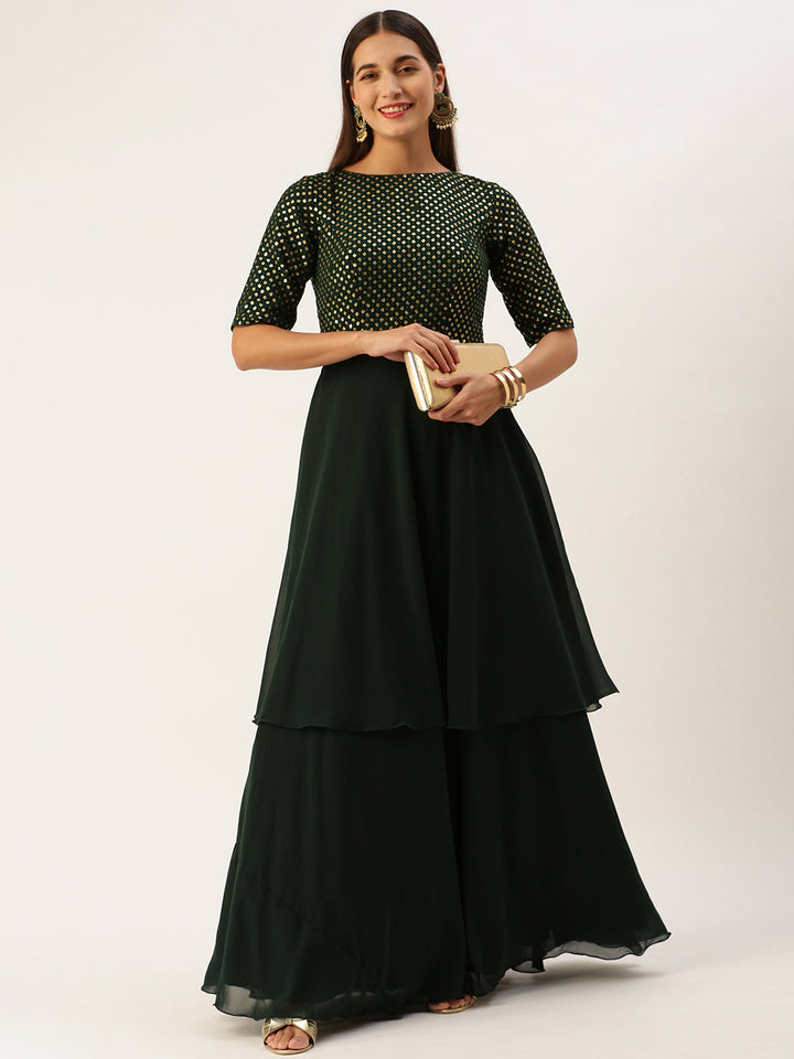 Seaweed Green Georgette Sequin & Solid Layered Gown