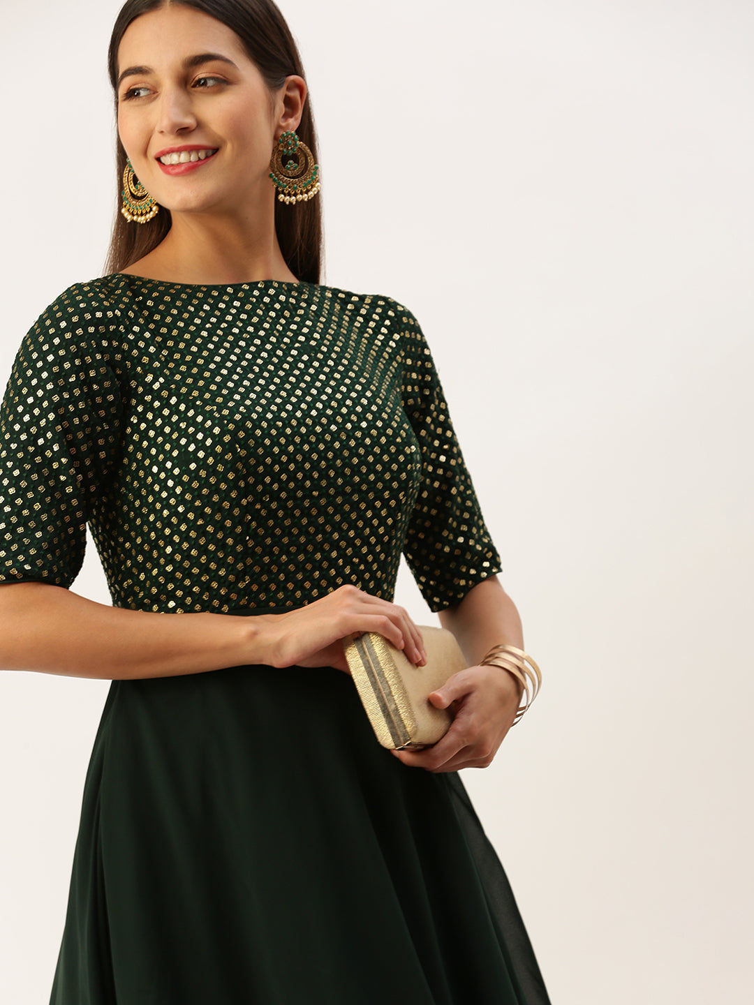 Seaweed Green Georgette Sequin & Solid Layered Gown