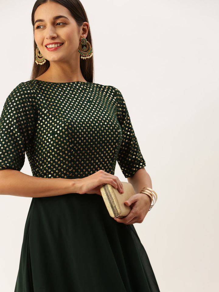 Seaweed Green Georgette Sequin & Solid Layered Gown