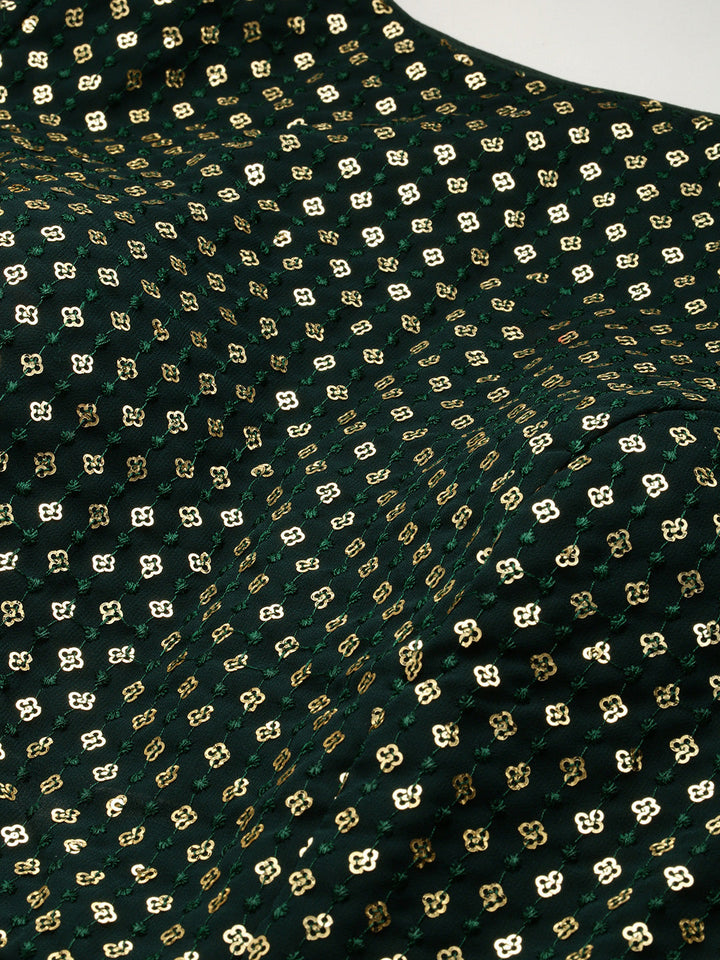 Seaweed Green Georgette Sequin & Solid Layered Gown