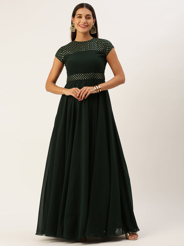 Seaweed Green Sequined Round High-Neckline Flared Gown