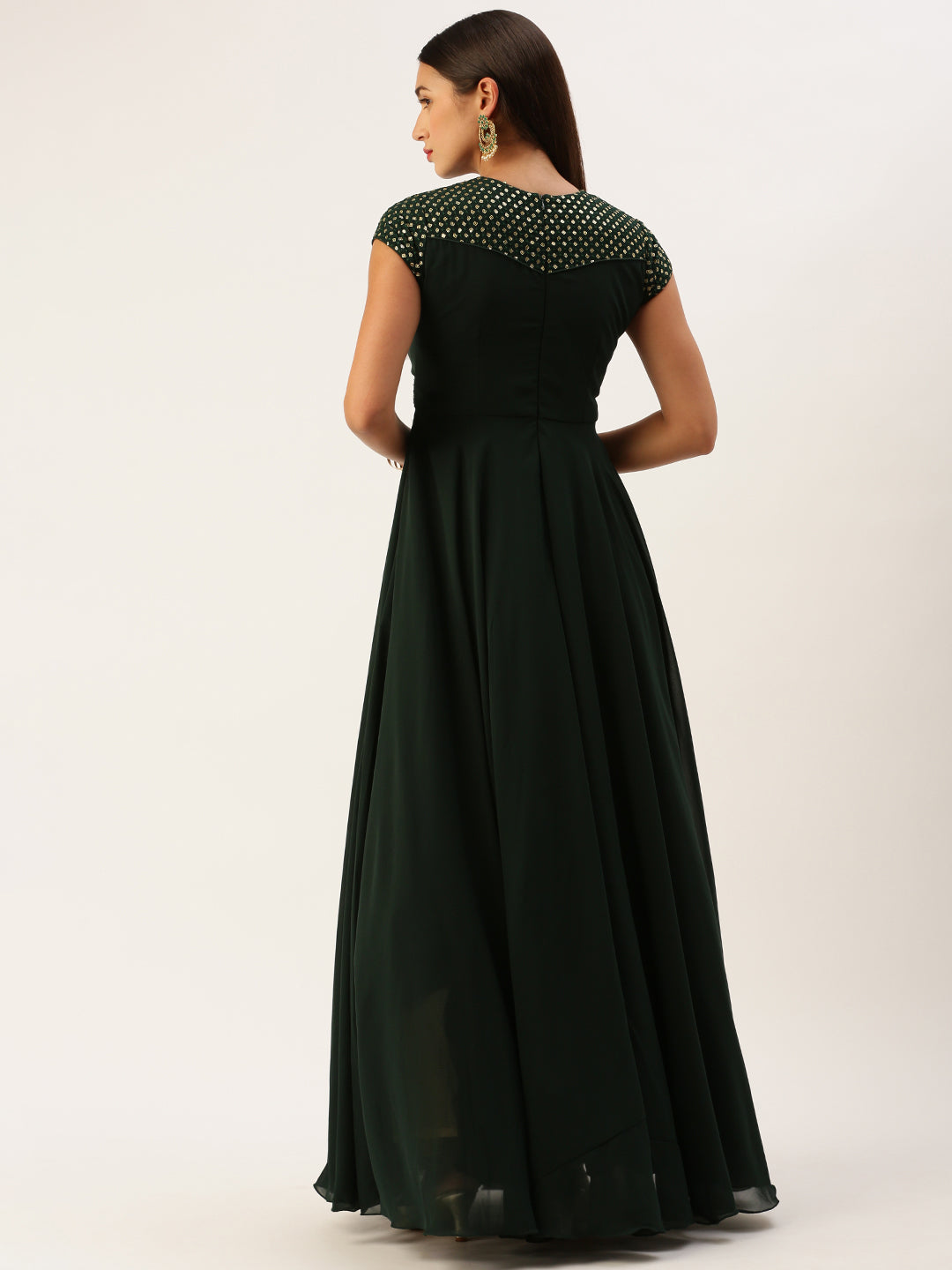 Seaweed Green Sequined Round High-Neckline Flared Gown