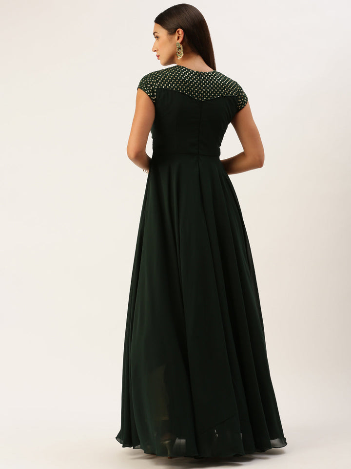 Seaweed Green Sequined Round High-Neckline Flared Gown