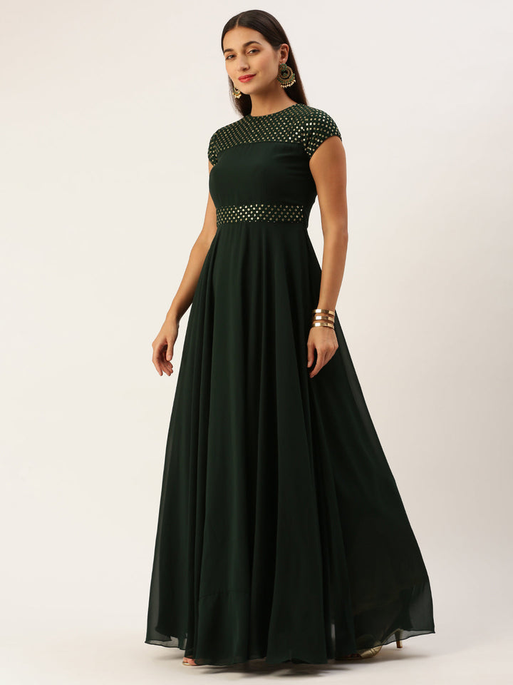 Seaweed Green Sequined Round High-Neckline Flared Gown