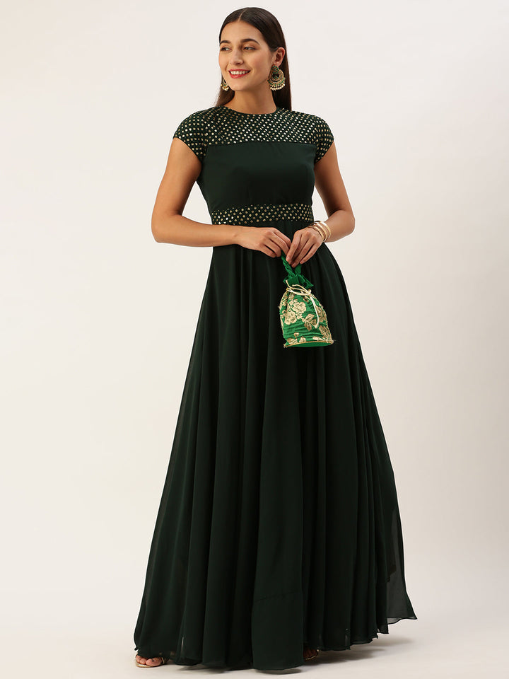 Seaweed Green Sequined Round High-Neckline Flared Gown