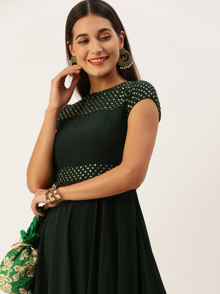 Seaweed Green Sequined Round High-Neckline Flared Gown