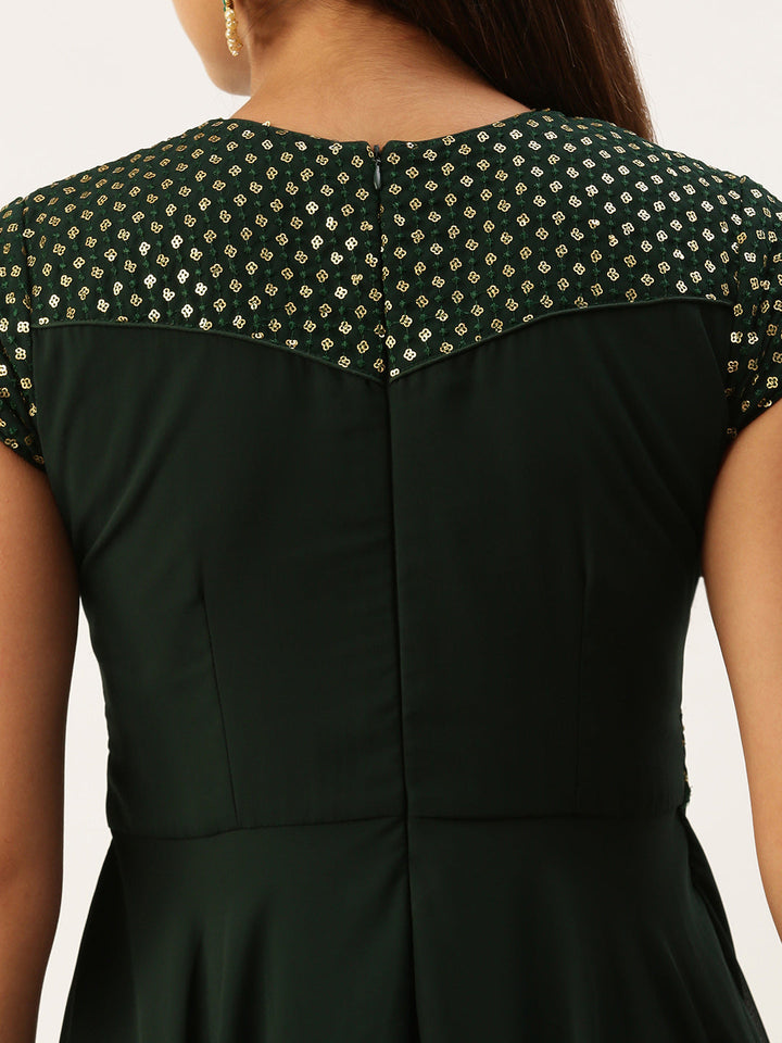 Seaweed Green Sequined Round High-Neckline Flared Gown