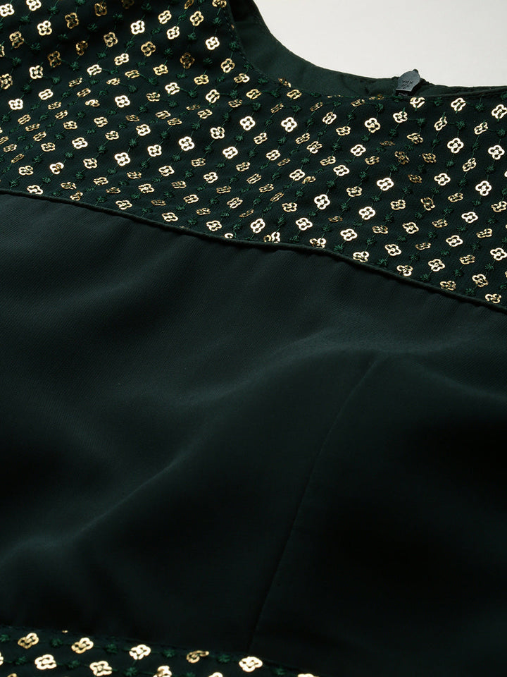Seaweed Green Sequined Round High-Neckline Flared Gown
