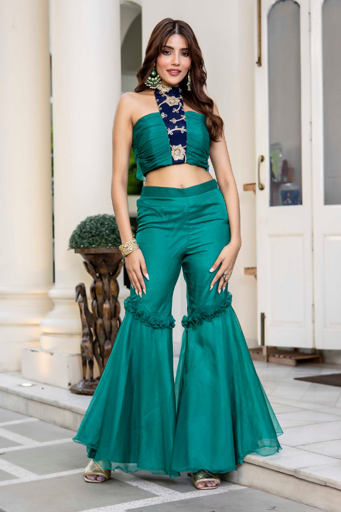 Shanaya Teal Blue Organza Two-Piece Co-Ord Set