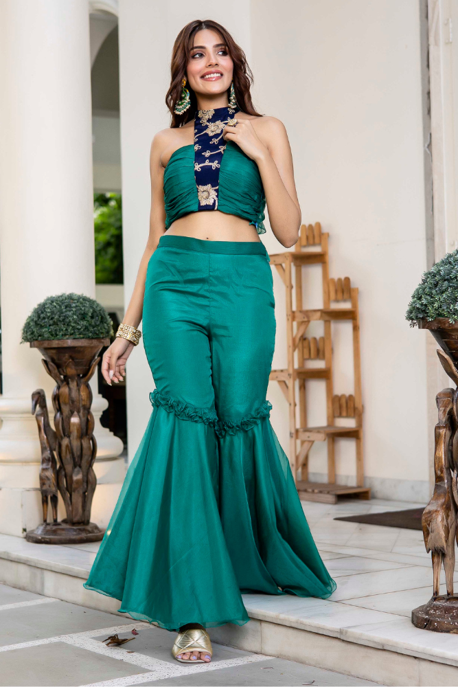 Shanaya Teal Blue Organza Two-Piece Co-Ord Set