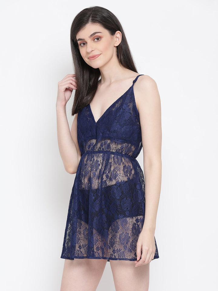 Sheer Babydoll With G-String In Navy - Lace