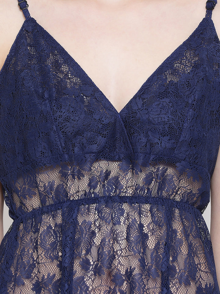 Sheer Babydoll With G-String In Navy - Lace