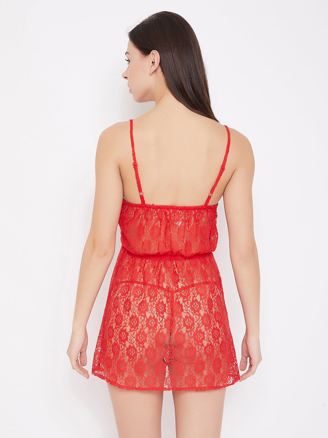 Sheer Babydoll With Thong In Red - Lace