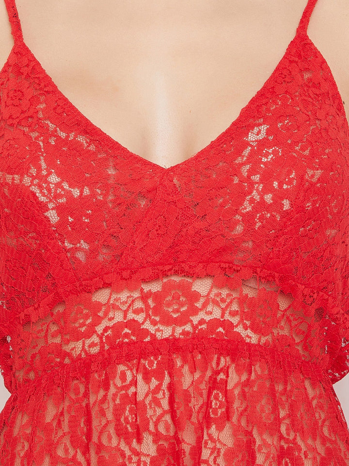 Sheer Babydoll With Thong In Red - Lace