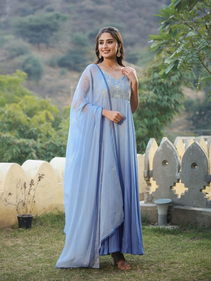Shinat-Cornflower-Blue-Muslin-Gown-&-Dupatta
