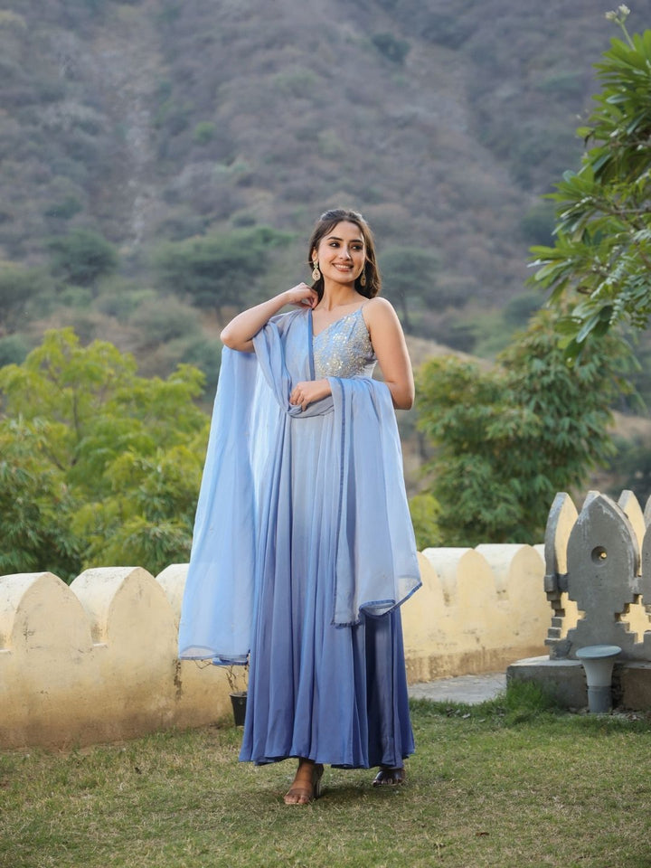 Shinat-Cornflower-Blue-Muslin-Gown-&-Dupatta