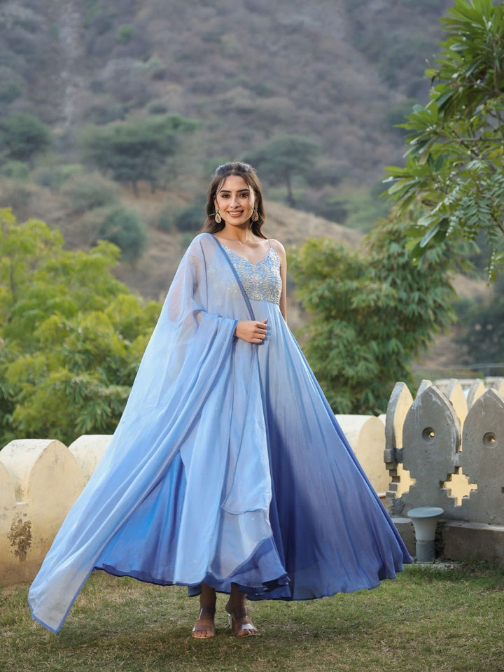 Shinat-Cornflower-Blue-Muslin-Gown-&-Dupatta