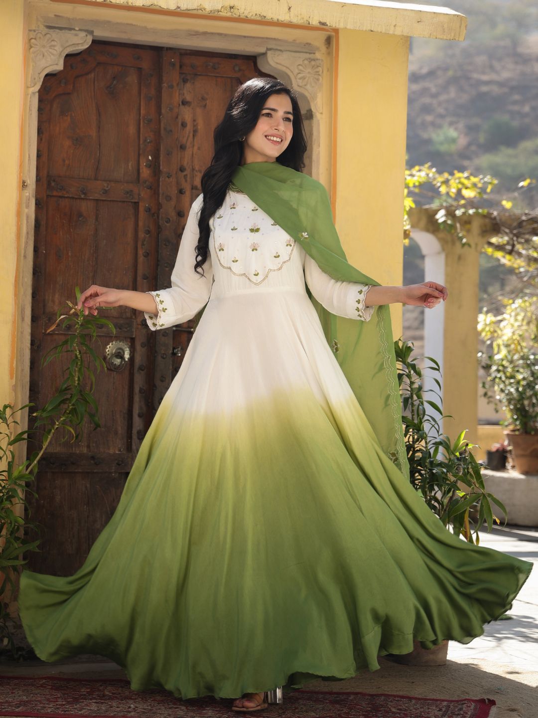 Shinkai-Green-&-White-Ombre-Gown-With-Dupatta