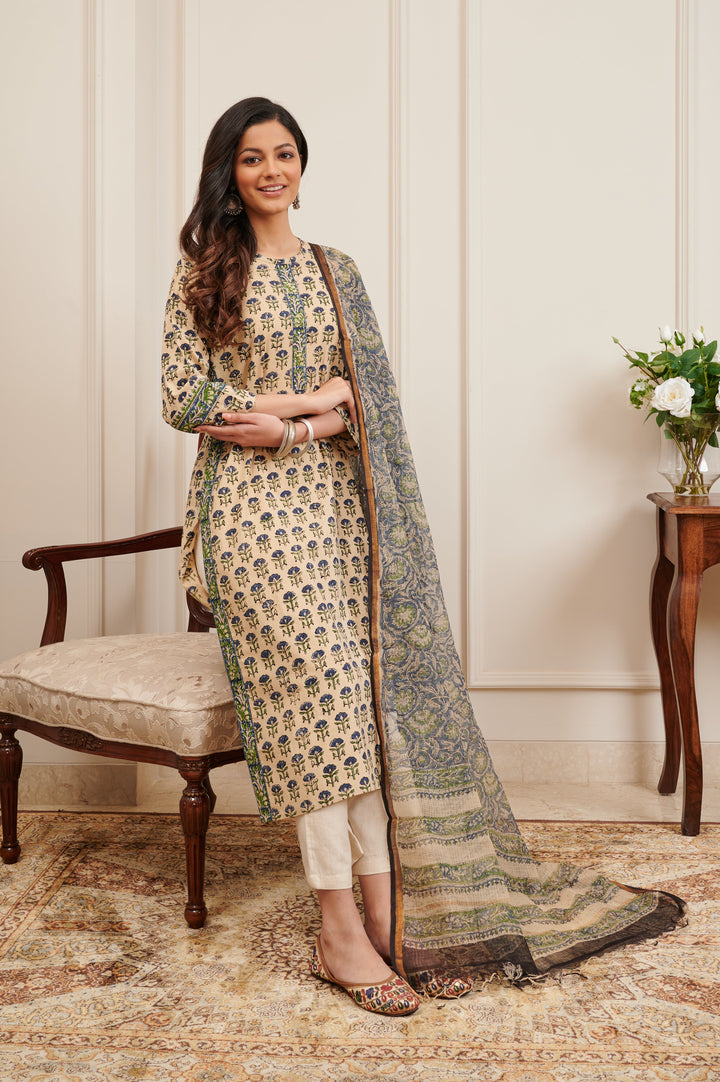 Beige Hand Block Printed Kota Doria Dupatta