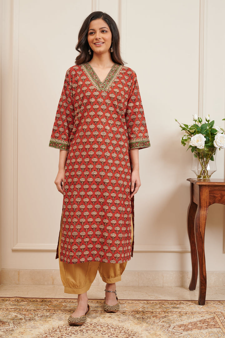 Maroon Bagru Hand Block Print A-Line Kurta