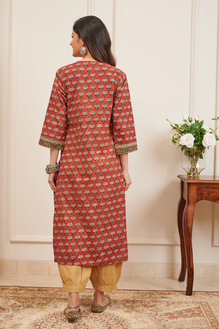 Maroon Bagru Hand Block Print A-Line Kurta