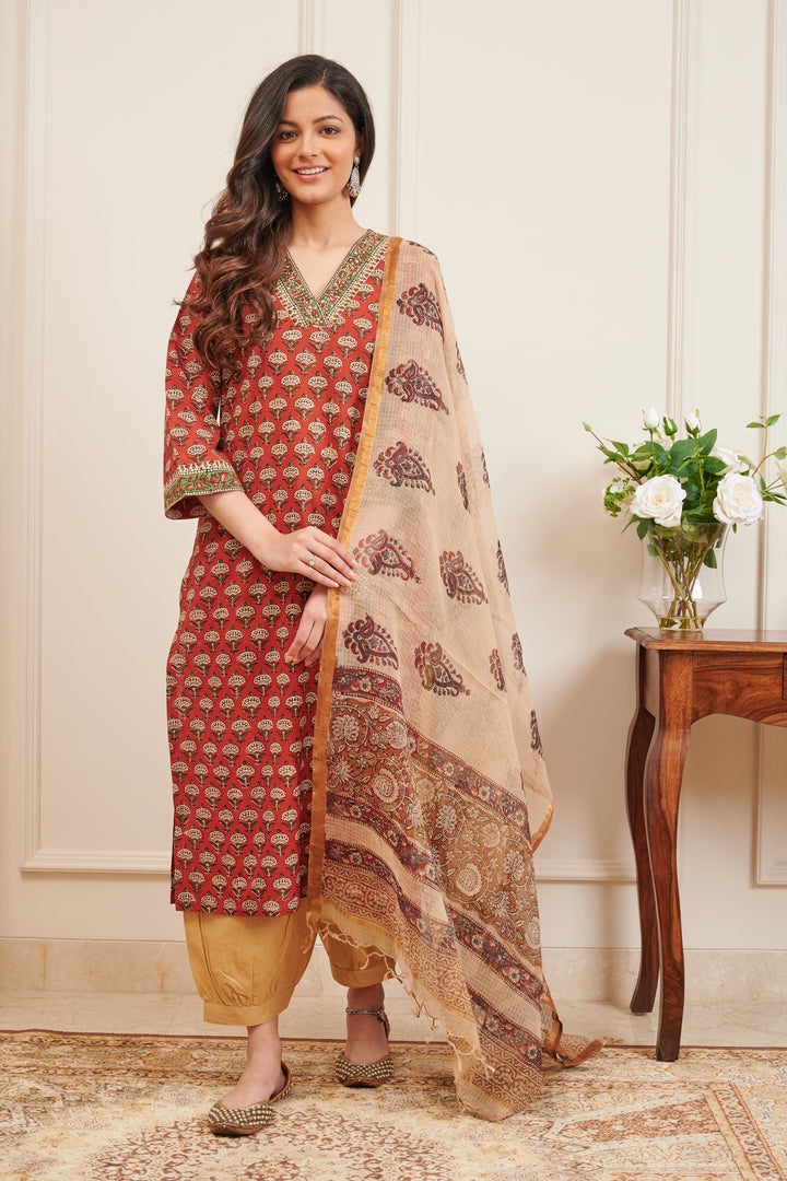 Cream & Coffee Hand Block Print Kota Doria Dupatta