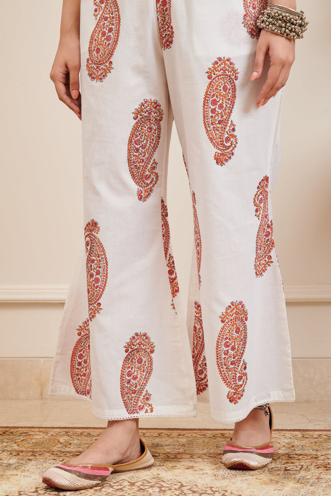 White & Orange Paisley Printed Cotton Palazzo