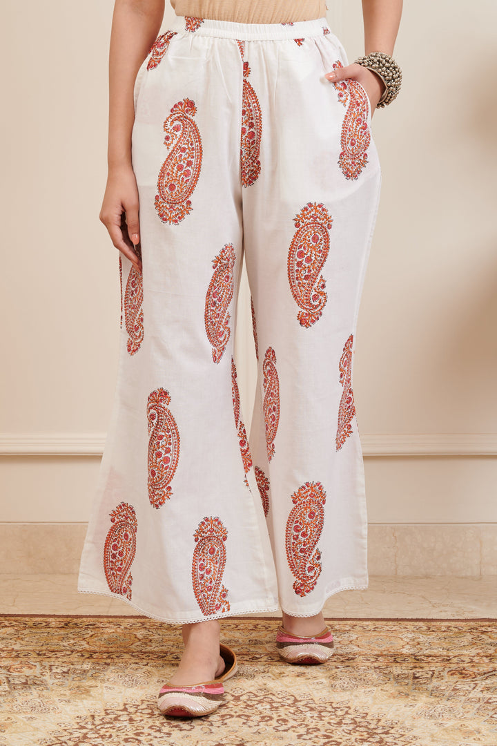 White & Orange Paisley Printed Cotton Palazzo