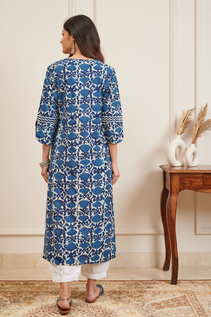 Indigo Blue & White Bagru Print Straight Kurta