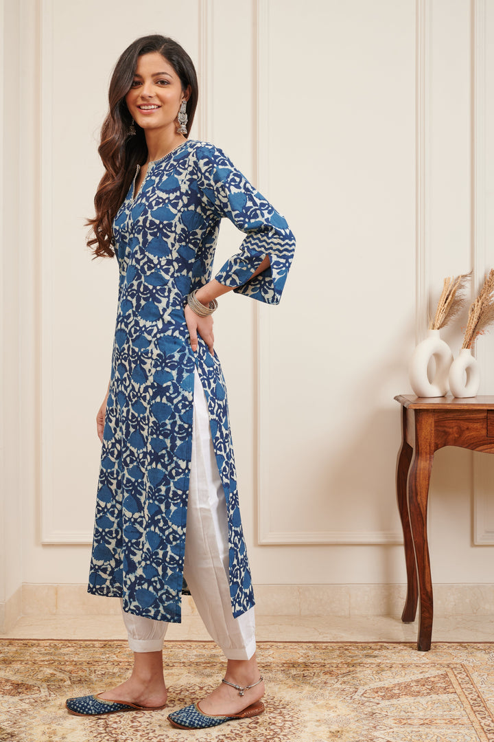 Indigo Blue & White Bagru Print Straight Kurta