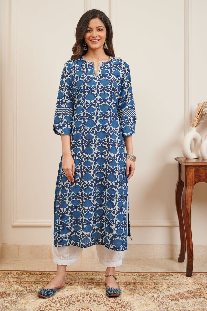 Indigo Blue & White Bagru Print Straight Kurta