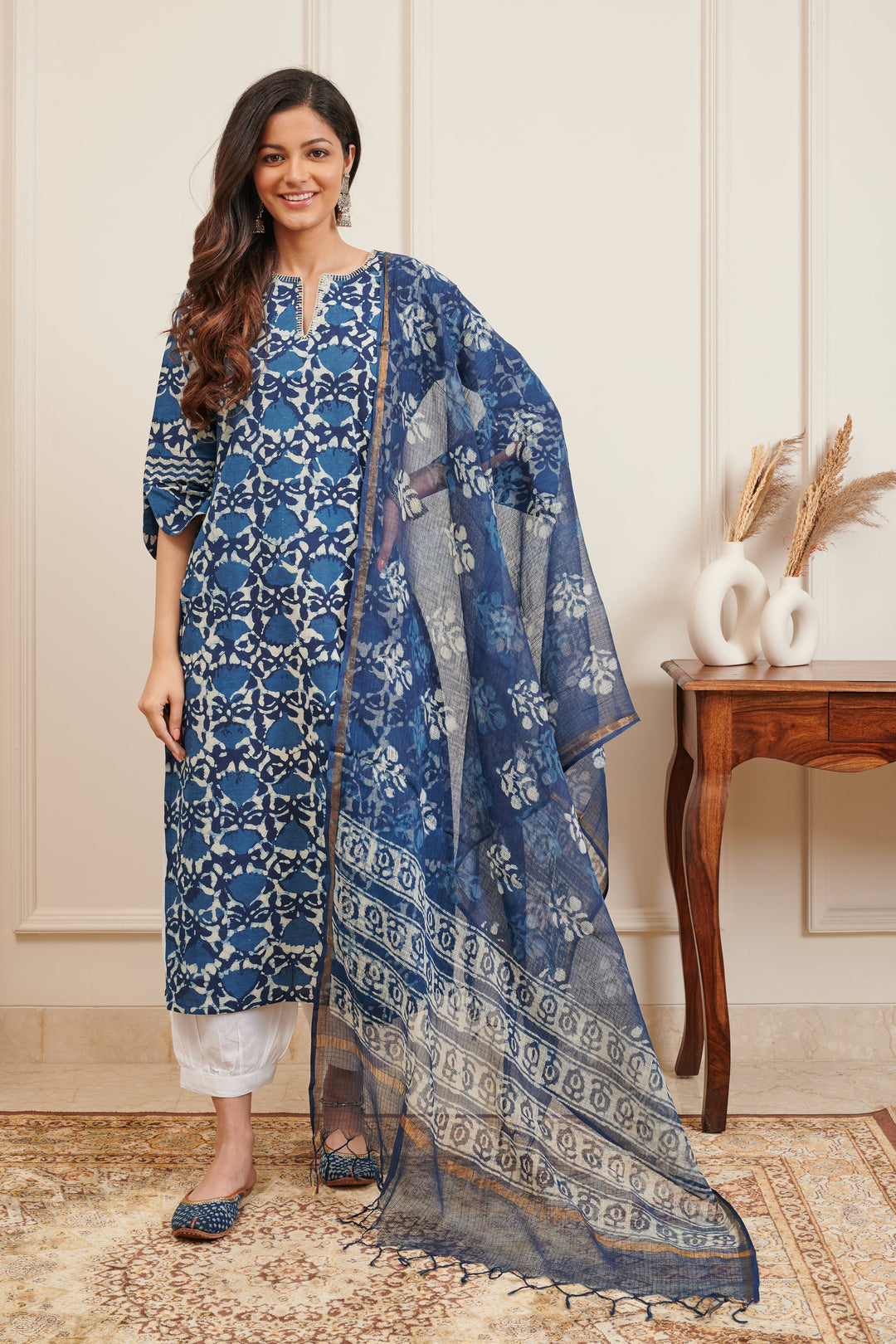 Indigo Blue & White Bagru Print Straight Kurta