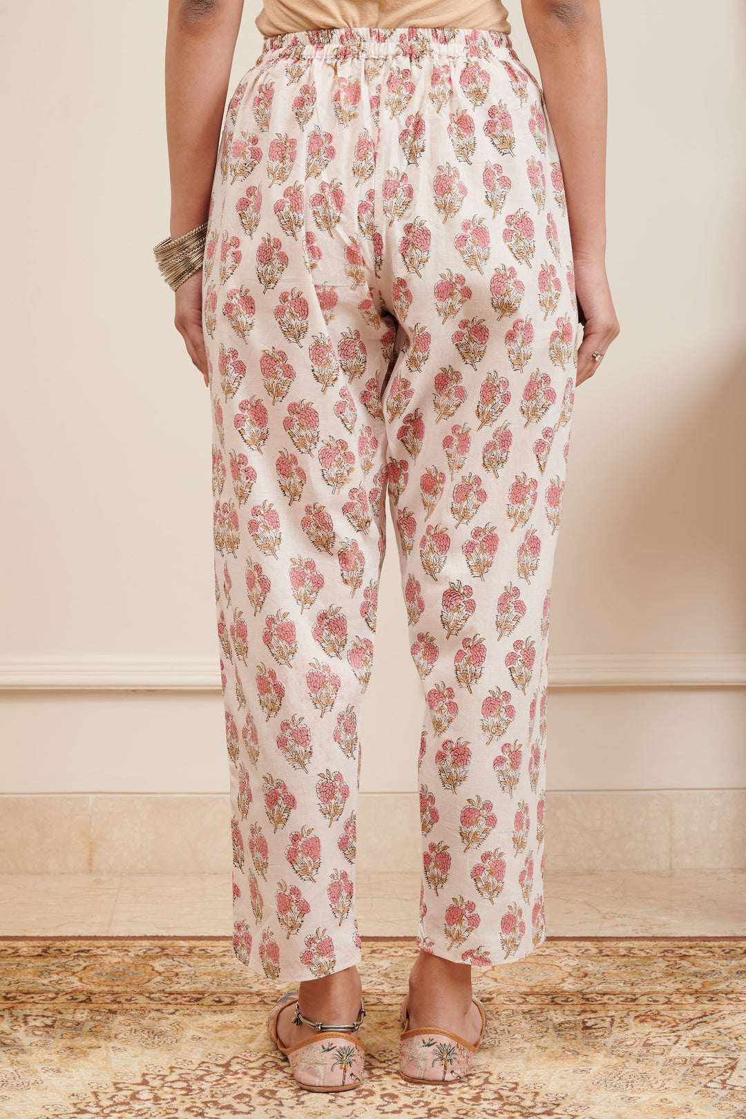 Off-White & Pink Hand Block Printed Farsi Pants