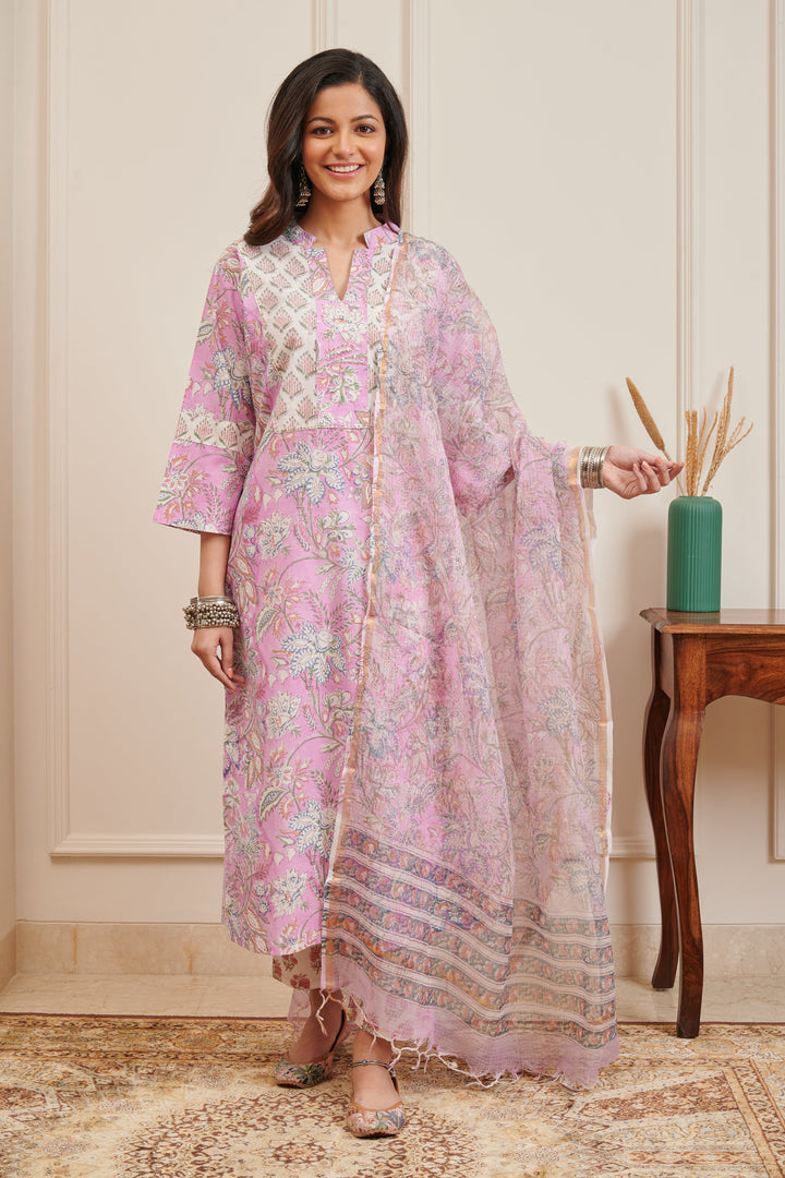 Mauve Pink Hand Block Printed Kota Dupatta