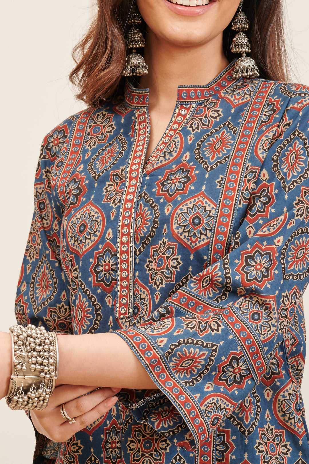 Blue & Red Bagru Printed Straight Kurta