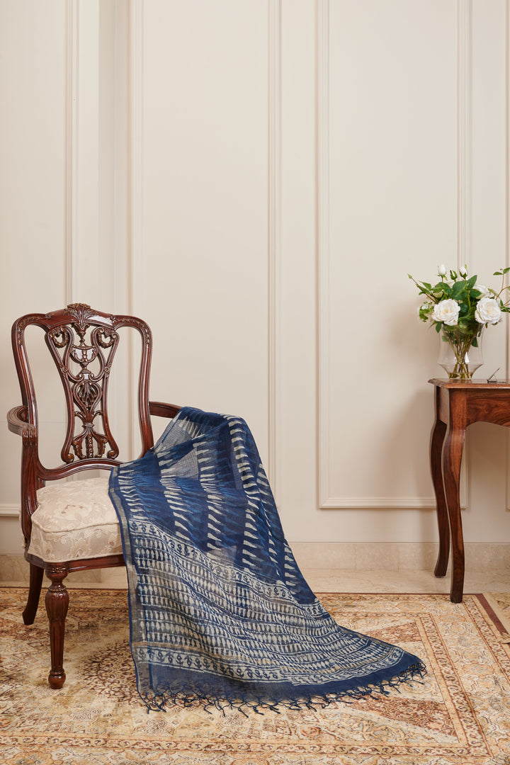 Indigo Hand Block Printed Kota Doria Dupatta