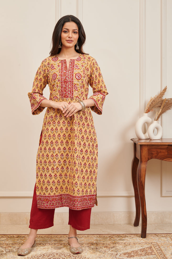 Mustard & Red Ajrakh Hand Block Printed Kurta