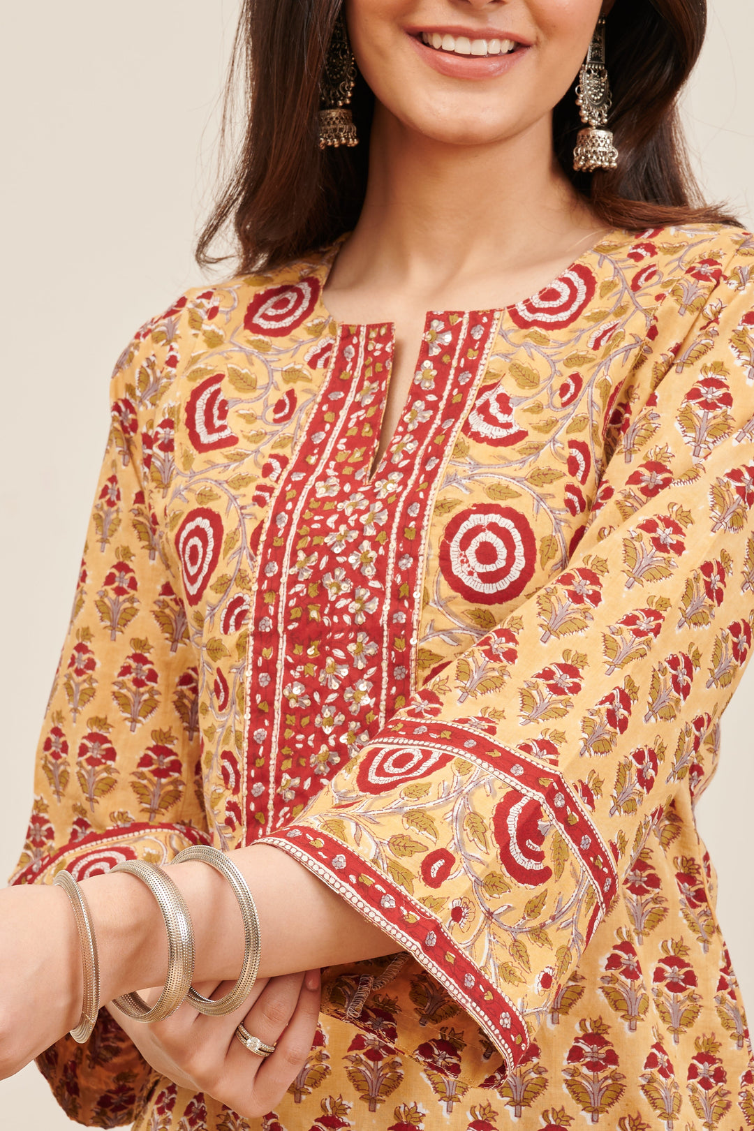 Mustard & Red Ajrakh Hand Block Printed Kurta