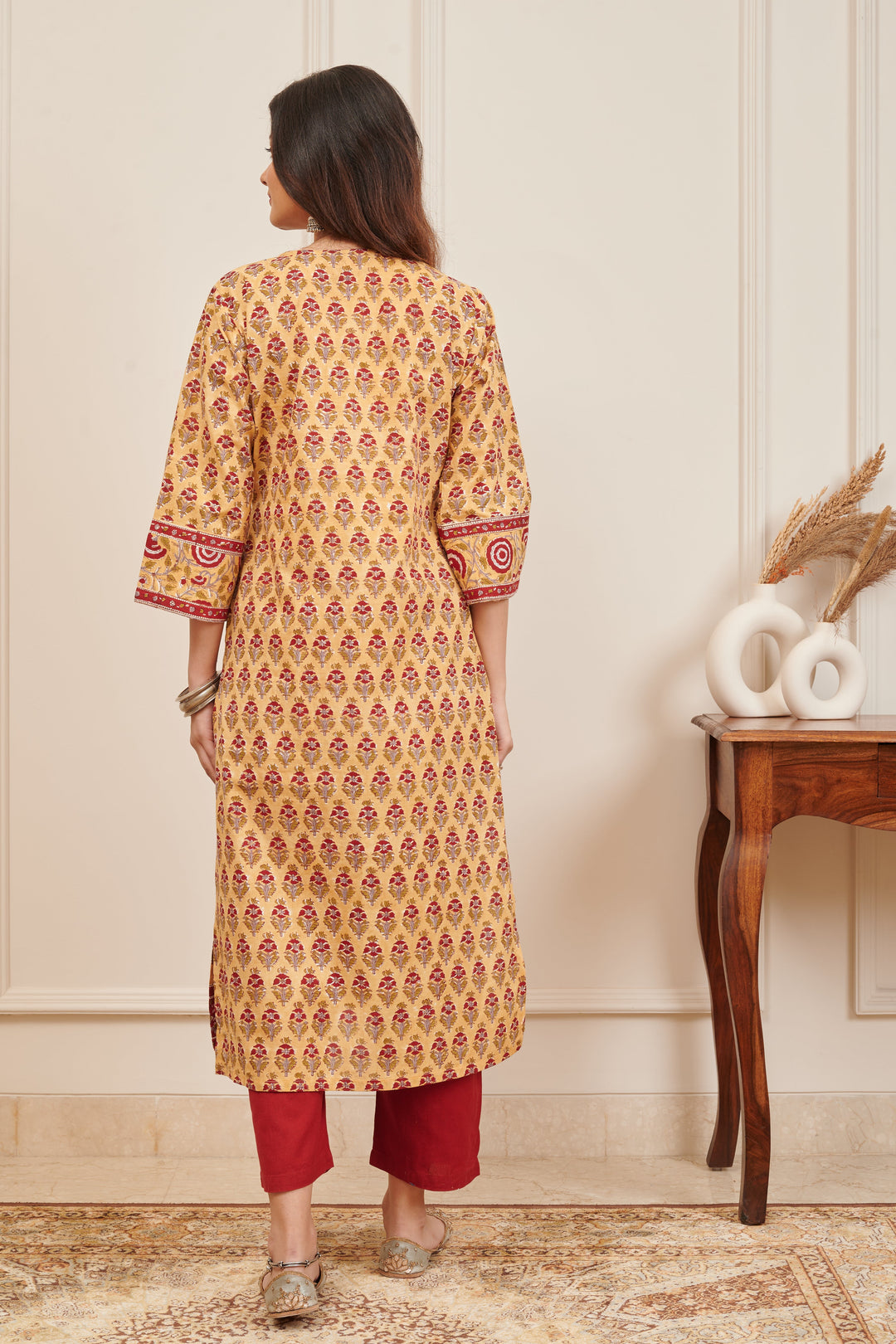 Mustard & Red Ajrakh Hand Block Printed Kurta