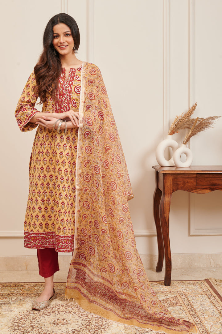 Mustard & Maroon Hand Block Printed Kota Doria Dupatta