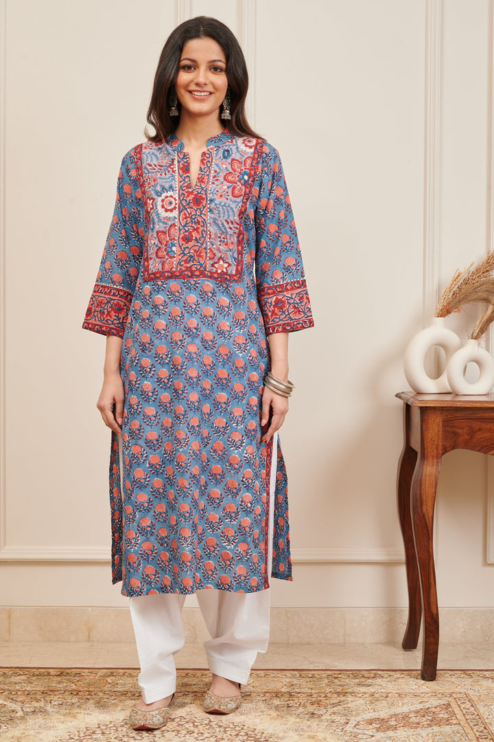 Blue & Maroon Hand Block Printed Straight Kurta