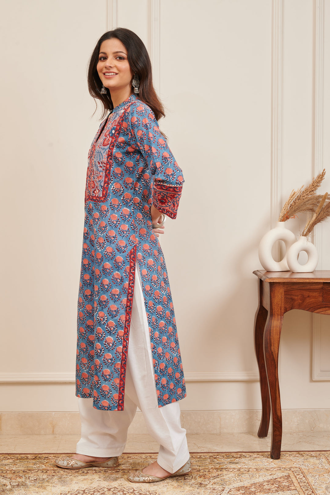 Blue & Maroon Hand Block Printed Straight Kurta