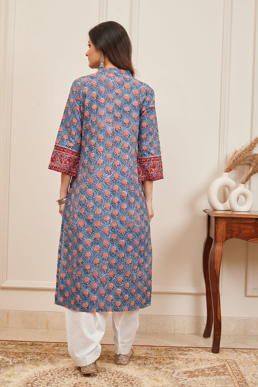 Blue & Maroon Hand Block Printed Straight Kurta